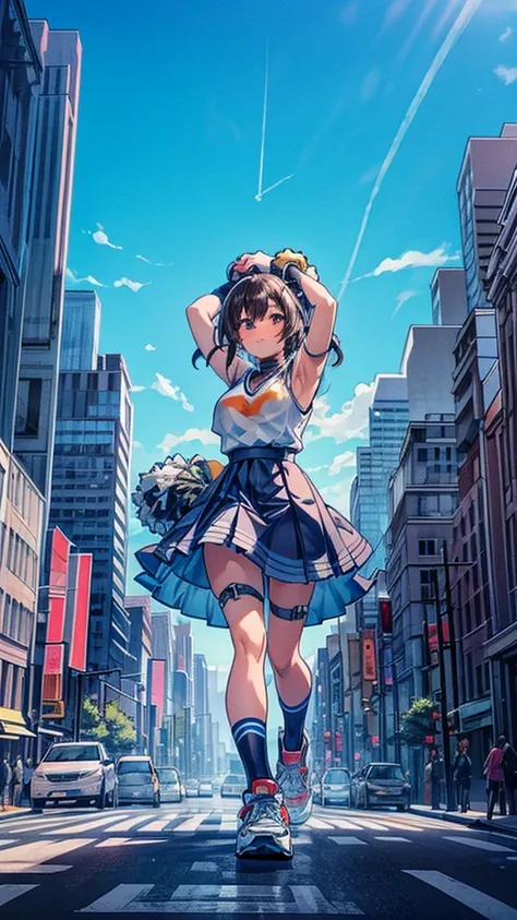 Composition seen from below Blue sky, thunderclouds, sunlight, masterpiece Anime style delicate painting 4K 90s Huge Multiple crowds Crowd in a big city Many people ((Cheerleader with arms raised and holding pompoms))　black hair  pom pom (cheerleading),
A ...