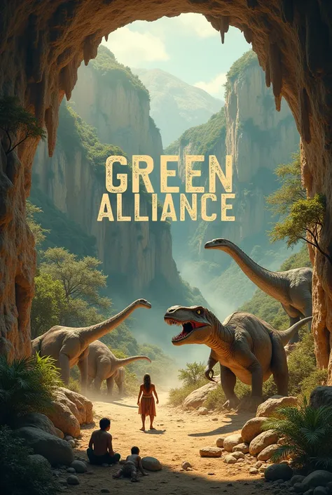 Create a 4 meter x 1 meter canvas,70 meters with a prehistoric theme, using its elements, such as cavemen, dinosaurs, cave art, caves,etc. 
This canvas must have GREEN ALLIANCE written on it in large letters