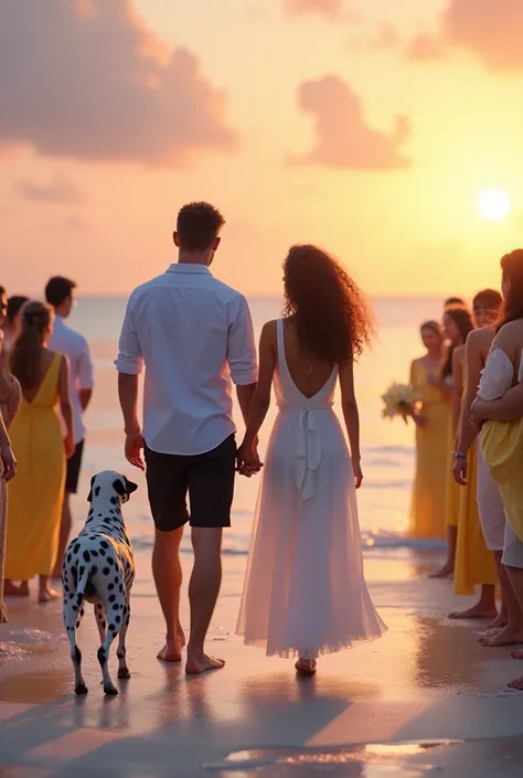 Create a wedding where the bride is walking down to the husband, the bride i medium tall, has a curly short hair over her shoulders, she has a very pretty maximalist but also minimalist dress long and short enough to not touch the sand, shes caring lavande...