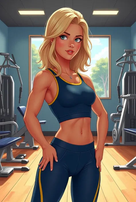 Drawing of a young blonde woman in a uniform sports room, college, physical education