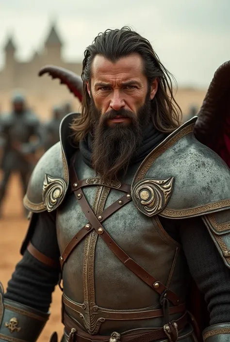 What Max Rockatansky&#39;s face would look like (from the movie mad max) Set in the Middle Ages and dressed in Polish Winged Hussar armor and in action pose, front view, with long hair and a thick beard
