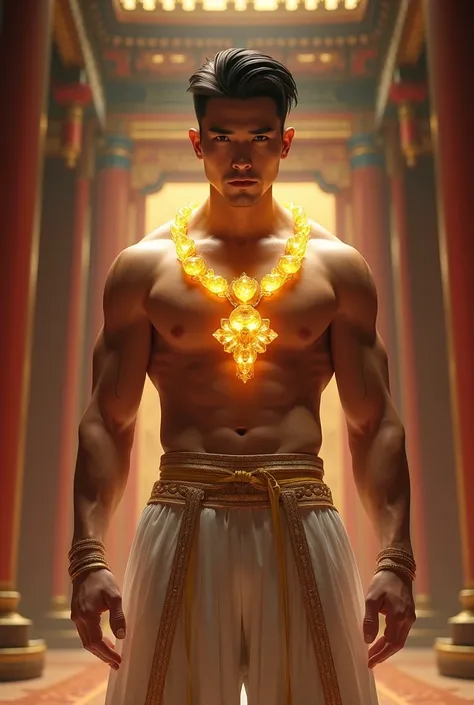 hyperrealistic image of extremely handsome 30 year old chinito chinese man, muscular bodybuilder, stylish hairstyle, have glistening body, wearing a magical yellow crystal necklace and white and gold traditional pants, in ancient temple 