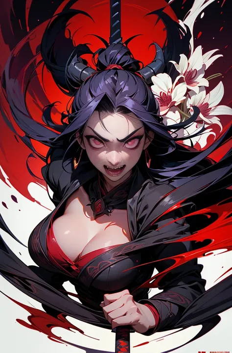 beautiful devil painting, devil woman with a sword, devil woman with a sword, Strong female samurai, ２Book Corner, Fanged Mouth, Eyes without pupils, gambling, Kumatori, Hundred Flower Orchid, The Flower of Carnage, he&#39;Late 20s, beautiful black haired ...