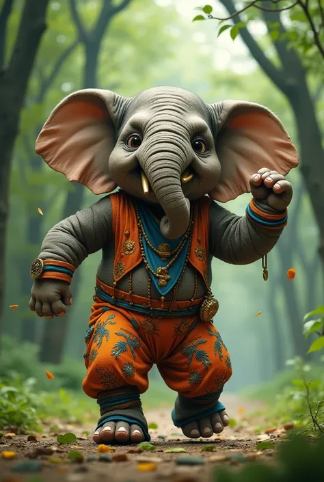 An angry looking elephant dancing, wearing an orange and blue outfit with a green park background in the background