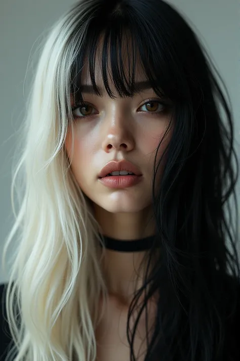 Woman with long black hair and bangs,  with the ends of platinum hair 