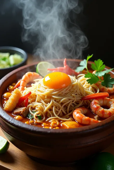 A steaming clay pot filled with Mama noodles in rich Thai Tom Yum soup, crowned with an array of toppings: succulent crab meat, crispy fried pork belly, tender minced pork balls, peeled shrimp, squid rings, and a golden egg yolk. Bright lime wedges and fre...