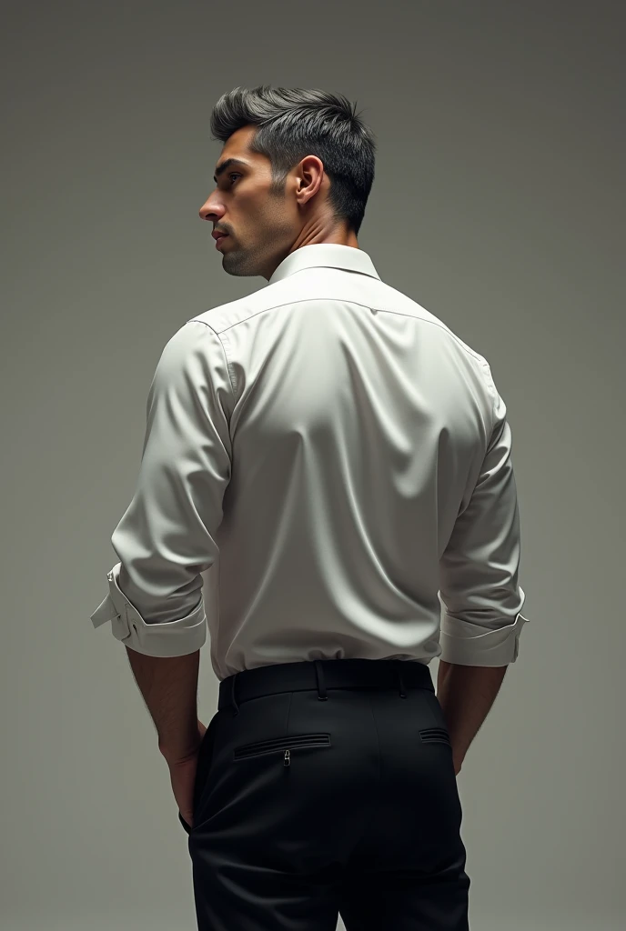 (an old man named Javier who is the president of Venezuela,(He is handsome and attractive,Muscular and very thin and with a big butt, 50 years old, hair and black with gray) (tight clothing with white long-sleeved shirt and black pants) (back view) (The pr...