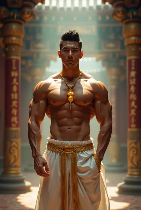 hyperrealistic image of extremely handsome chinese man, muscular bodybuilder, stylish hairstyle, have glistening body, big pecs, wearing a magical yellow crystal necklace and white and gold traditional pants, in ancient temple 