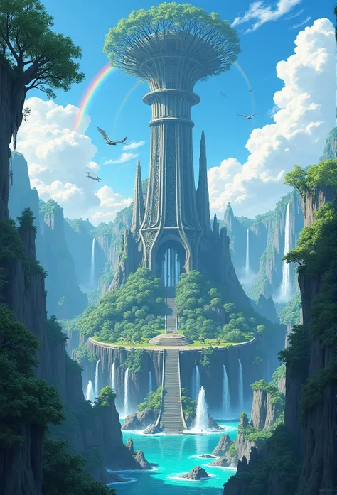 (highest quality, 8k, 4k, High resolution, masterpiece:1.2), Super detailed, anime style:0.9, photorealistic, Bright colors, a big endless tower in the middle of the island, surrounded by water, reaching high enveloped by the great tree yggdrassil, birds a...