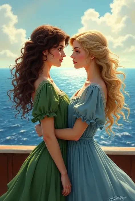 two 20 year old girls from the 1900s on a ship admiring the view, one with curly brown hair, green eyes and green dress, the other blonde with wavy hair and brown eyes, dressed in blue, both with long hair, looking at each other tenderly