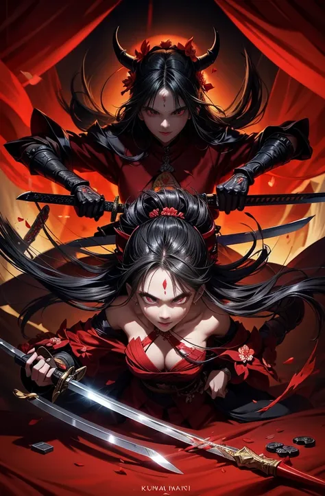 beautiful devil painting, devil woman with a sword, devil woman with a sword, Strong female samurai, ２Book Corner, Fanged Mouth, Eyes without pupils, gambling, Kumatori, Hundred Flower Orchid, The Flower of Carnage, he&#39;Late 20s, beautiful black haired ...