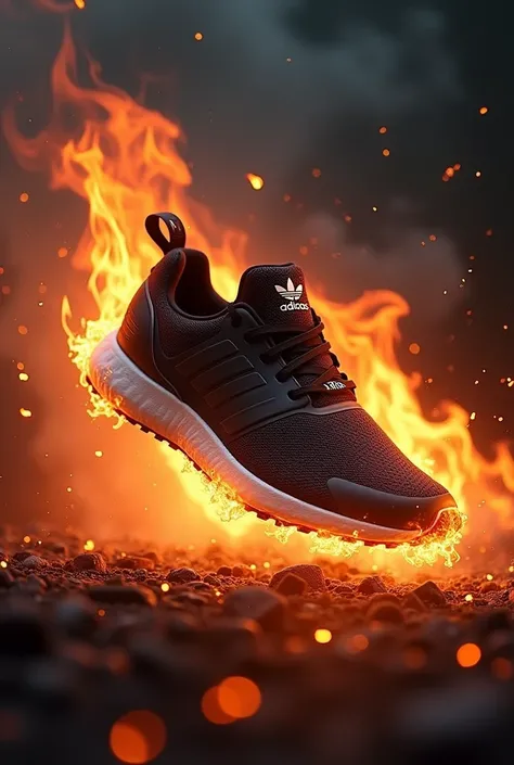 Create an advertising piece for Adidas sports shoes hanging where it is on fire 
