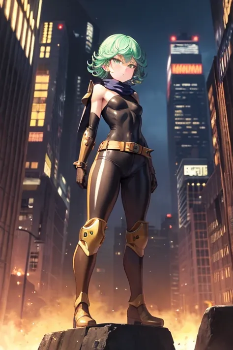 Masterpiece, Best Quality, Ultra Detailed, Illustration, Epic Lighting, Cinematic Composition, 1 Girl, Tatsumaki, short hair, green hair, very small breasts, green eyes, bright eyes, pouting, blushing, closed mouth, piercing gaze, full body, Brown Vintage ...