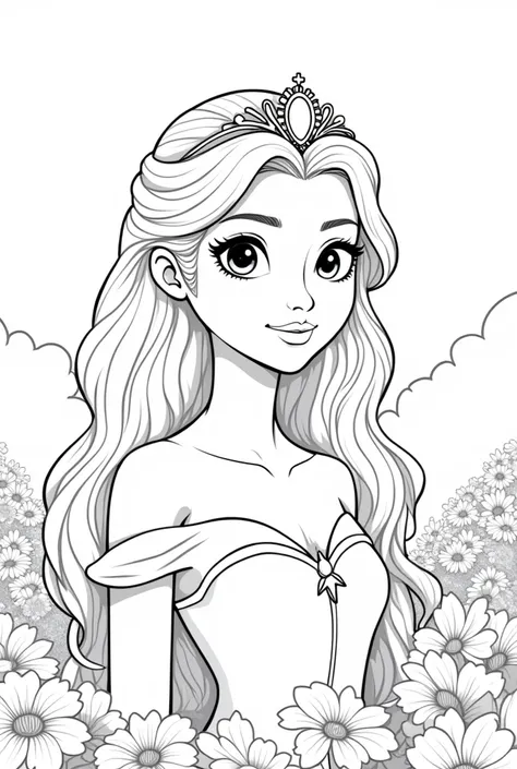 As a coloring book, white and black color, borders should be simple, clear, distinct, and thick lines, By Cartoon picture book of a beautiful Princess with long hair, A princess looking at camera, (Campo de flores), (Closeup), retrato, nuvem, arte de linha