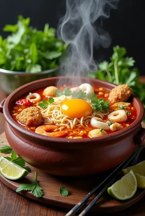 A steaming clay pot filled with Mama noodles in rich Thai Tom Yum soup, crowned with an array of toppings: succulent crab meat, crispy fried pork belly, tender minced pork balls, peeled shrimp, squid rings, and a golden egg yolk. Bright lime wedges and fre...