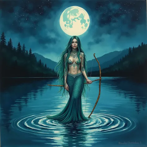 a mermaid ,sad expressive , very long hair lagoon color, tattoo on a large part of the body ,armed with a bow, in the center of a lake night time in background, detail richness, masterpiece, best quality, painting style, watercolor painting