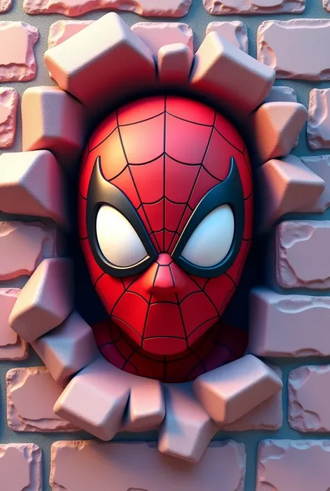 Animated front facing Spiderman face breaking through a pastel colored brick style wall in 3D 