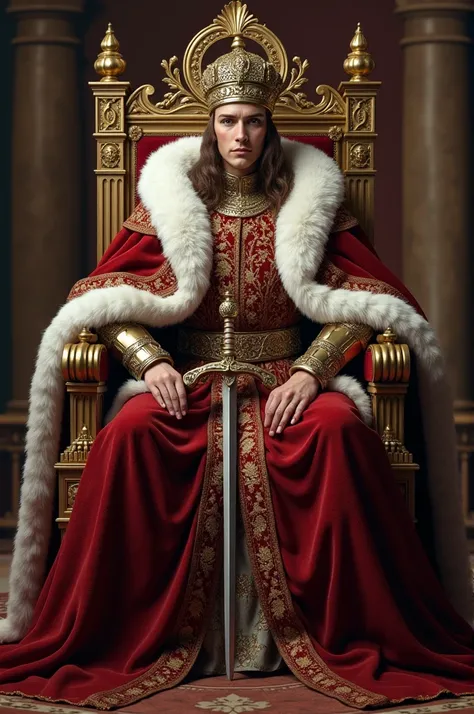 clearing! Here are the characteristics for an image of a 14th century monarch:

- **badass clothing:** Velvet or brocade tunic, adorned with embroidery and gold details. Long cape with ermine lining.
- **tails:** tails de ouro rica e elaborada, with encrus...