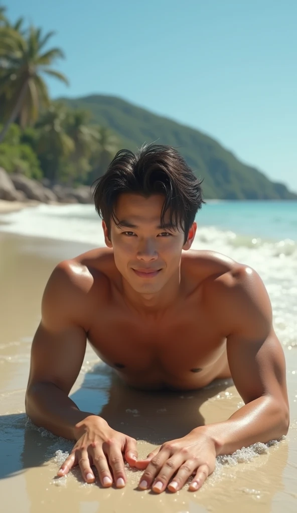 realistic, best quality, Masterpiece, very detailed, Very sexy, Very homoerotic, very handsome, 20-year-old Japanese man, Muscle Bodybuilder, Put on a little speed show, Laugh out loud, Lying face down on the beach, splashing waves, looking at camera, A ve...