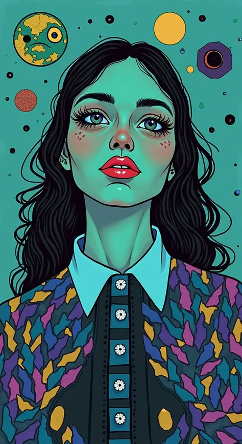 Incorporates a blend of watercolor and , maximalism artstyle, geometric artstyle) Incorporate vibrant colors, dynamic brushstrokes, and intriguing textures to capture the essence of the subjects inner world, capturing a surrealist vision, A detailed face-l...