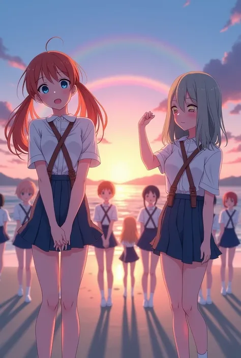 ((Very detailed (12 cute girls:1.37) White Enoshima Beach at dusk)), (Masterpiece 8K Top Quality) (Professional Photo:1.37), {(Standing full body:1.2)|(From below:1.2)}, Different types of hair colors, {school uniform [With leather strap]|(School Swimsuit)...