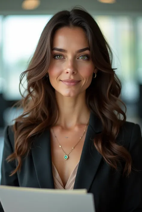 A hyper-realistic portrait of an 1 woman with a medium build, captured with a Canon EOS R5 camera using an RF 85mm f/1.2L lens. She has wavy brown hair, light green eyes, and is wearing a professional outfit with a delicate necklace. Her elegance transcend...