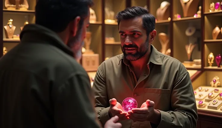 A moment of realization where the man is shocked, holding the stone tightly, as the jeweler explains that no amount of money in the world can match the value of this rare ruby. The background shows the jewelers shop filled with jewels, contrasting the mans...