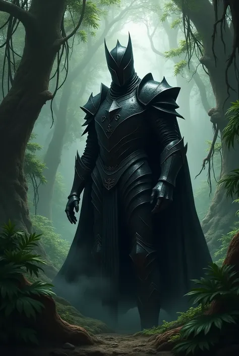 An image of a knight in black armor and shadowy jungle writing/exp