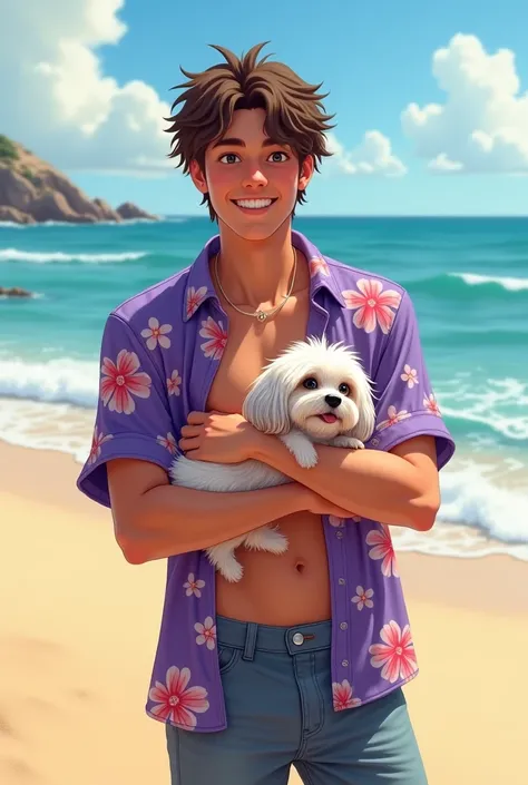 Young Man on the beach wearing a purple floral beach holding a shitzu