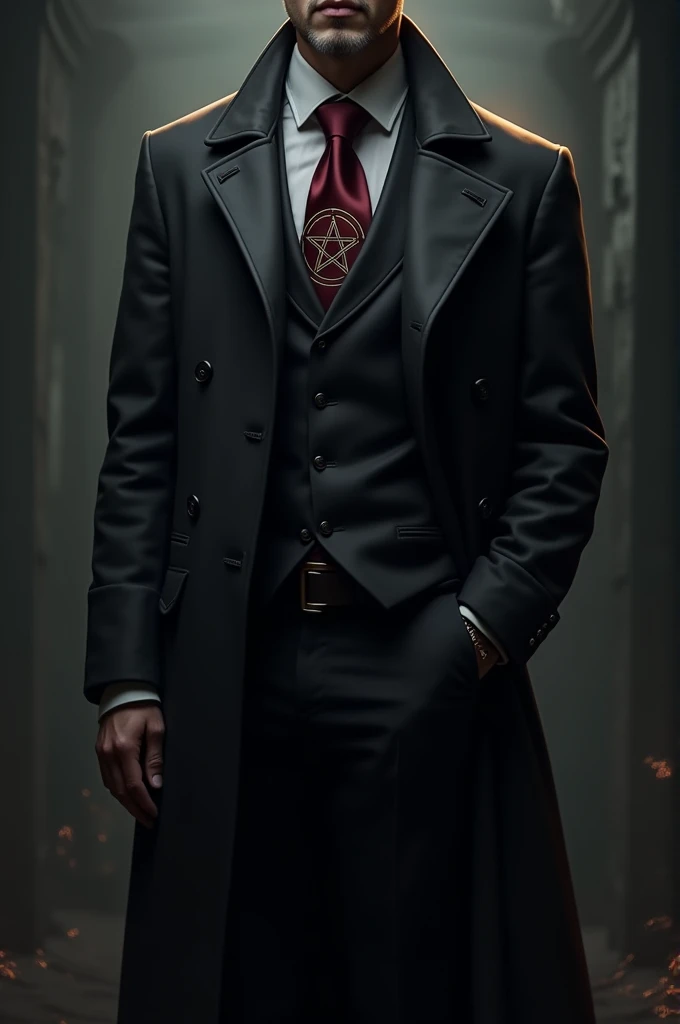 Black suit with black overcoat and burgundy tie with a black magic pentagram