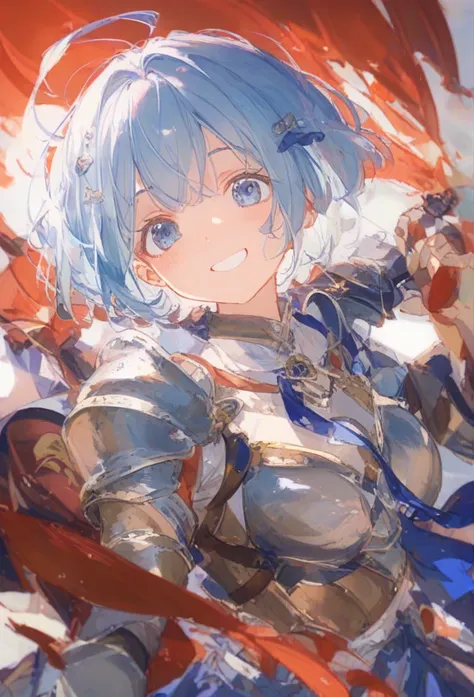 ((masterpiece、Highest quality))woman、cute、Idol、Light blue skirt、Light blue hair、Short Bob、Bright Blue Eyes、Blue Ribbon、smile、Red cheeks、fan service、knight、白銀knight団、armor、armor、Swordsman