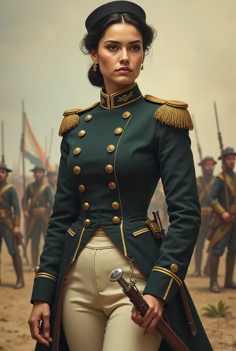 Maria Quitéria is usually depicted as a young woman, De pele clara, with a determined and expressive face. She has dark hair, cut short or pinned back, usually covered by a military hat of the time, which may be a bicorne or a similarly shaped hat, typical...