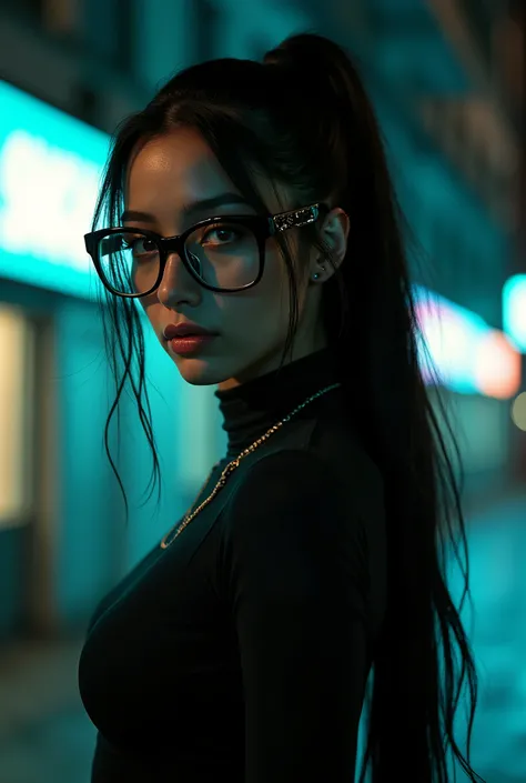 full body photo of Jo_in woman, Close-up photo of a dangerous and mysterious killer, serious expression, long black ponytail, thick black frame glasses, tight bodysuit, night time Raby, (luminous golden eyes:1.2), ((best qualityer)), details Intricate, bri...