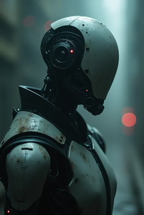 intricate minimal design of aesthetic  hightech robot with no face, dynamic action pose, excessively real textures, sinister experimental reality, psychopated sci-fi horror, atmospheric view, tense tech ambient, dangerous signal alert darkness, suffocating...