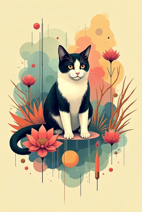 Incorporates a blend of watercolor and , maximalism artstyle, geometric artstyle) Incorporate vibrant colors, dynamic brushstrokes, and intriguing textures to capture the essence of the subjects inner world, capturing a surrealist vision, tuxedo cat