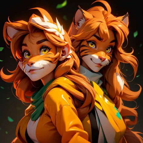 envision a 8k, highres, cinematic, beautiful extreme close up face Pinup of a cute furry female anthro, with a slender muscular body, long brown hair, long bangs, yellow eyes, Orange and White Fur, Tiger Stripes, Green Jacket, ((((! Girl)))), ((Flora Twoki...