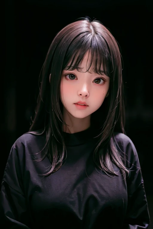 masterpiece, best quality, (Dark Photo:1.3), Reality, 1 Girl, Straight bangs, Amazing innocent symmetrical face, shirt, emotion, Ulzan, (Pure face_v1:0.7)