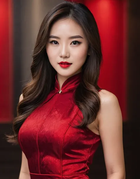  Close-up photo of a brunette Brazilian businesswoman, sexy dress,(Realistic dark brown hair, straight and with light waves.) Red and black, very sexy outfit, in Red and black, glowing Red, gorgeous young korean woman, sexy Red dress, black and Red, tight ...