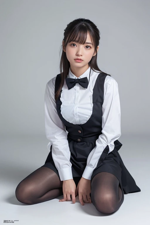 (8k, RAW Photos,Highest quality, High resolution:1.1), (Ultra-realistic:1.4),(Realistic, Realistic:1.3),The Beauty of Japan、((dignified face:1.2))、Kneel, Spread your legs、whole body, Maid clothes, Black Pantyhose, High heels, Simple Background