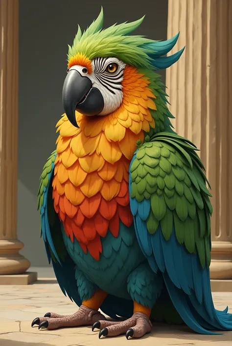 generate a greek creature that is a parrot with a human head and make it as if you were drawing it simple