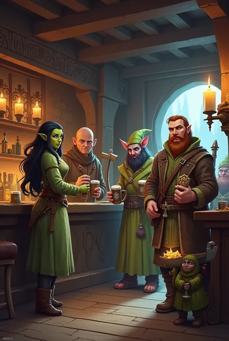 Generate an rpg style image d&d, containing 6 characters listed below, all in a tavern with the following characteristics:
1- Bald barkeep behind the bar cleaning glasses 2- Forest elf, very tall and thin, with tanned skin, greeneyes, long black hair and a...