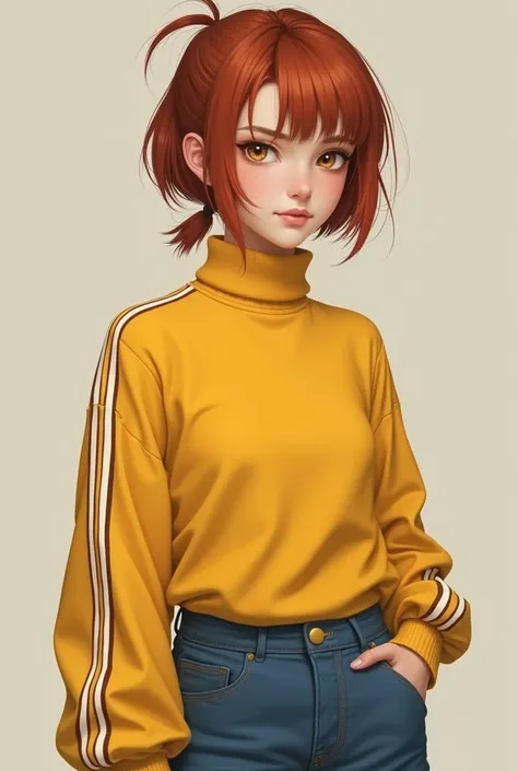 Girl with short hair with a small ponytail and a reddish brown hair color tone with slightly dark white skin and honey-colored eyes, and wear a yellow turtleneck sweater with a big thick white line running between the arms and chest, with blue shorts