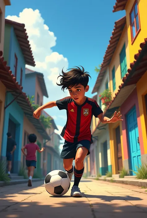 A nine-year-old boy with dark hair holding a soccer ball and wearing a Flamengo shirt,Now this child is playing in a favela where he lives