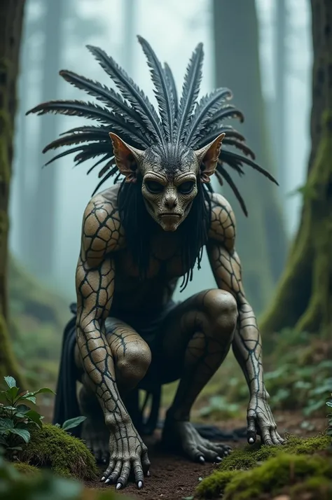 Generate a highly detailed and atmospheric scene of a mystical forest creature crouching in a misty woodland setting. The creature has an otherworldly appearance, with intricate body paint resembling cracked earth, and wears elaborate feathered adornments,...