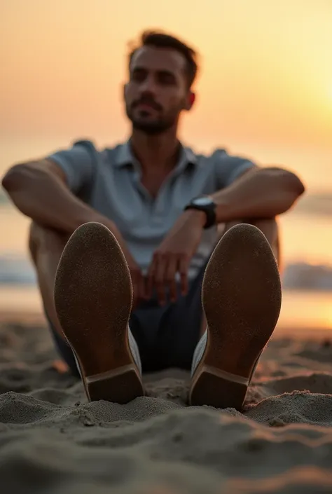 Man on the beach ground with a front view of his feet soles and with a sunset as lighting 