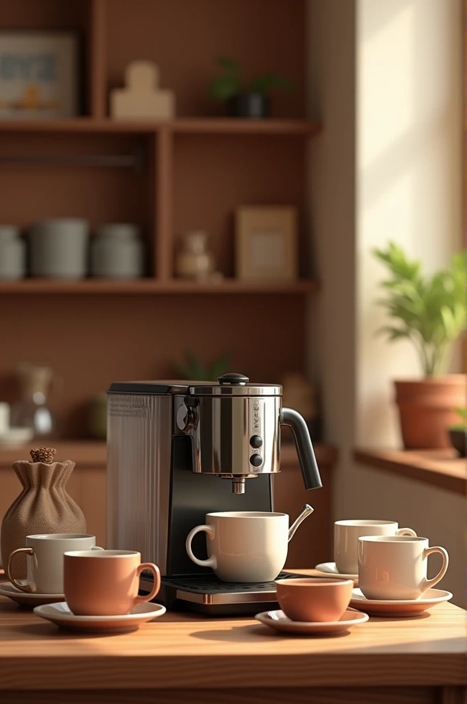 Coffee maker with various items coffee cups 
