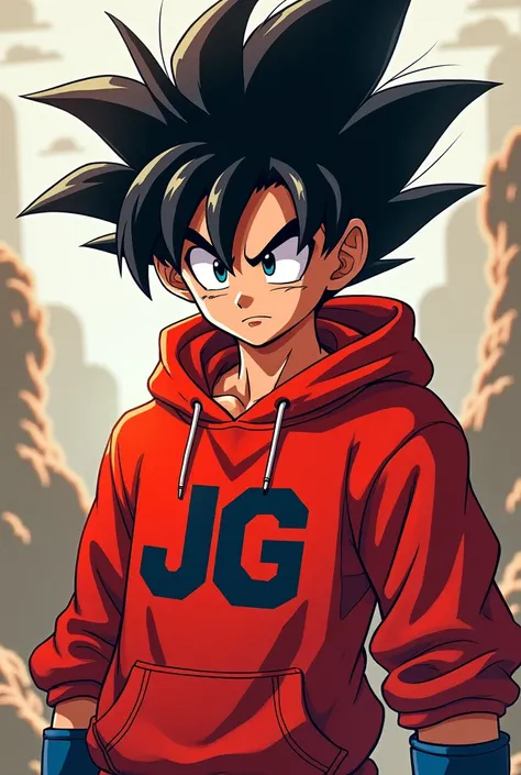 Create an image of Goten wearing a red hoodie with JG written on it/exp