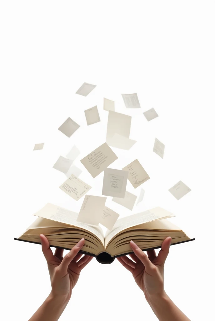 Open book with papers and letters coming out held by two people on white background