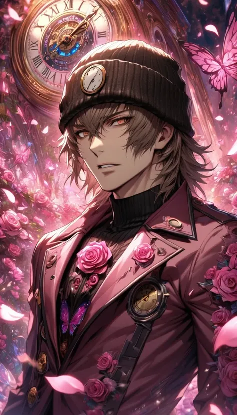 absurdres, highres, ultra detailed, HDR, masterpiece, extremely detailed, detailed eyes, detailed face, Aragaki Shinjirou, taupe brown medium hair, expressive brown eyes, Persona 3, solo, sexy man, sensual, handsome, adult face, mature man, black beanie, m...