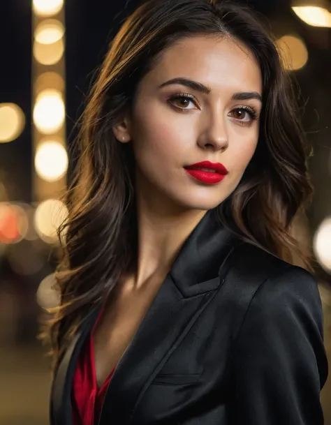 dark and gloomy, 8k, Close-up photo of a 30s brunette Brazilian businesswoman on dark background at night, (Realistic dark brown hair, straight and with light waves.) , make up, Red lips, Brown eyes, (wearing a black chanel tailored jacket, Black silk blou...